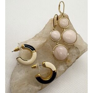 Lot of 2 Vintage Monet Earrings Gold Tone Black Cream Enamel Hoops Pink Moonglow